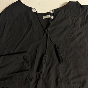 Vince Black Long Sleeve Tassel V Neck Top L/G Viscose Wool Blend